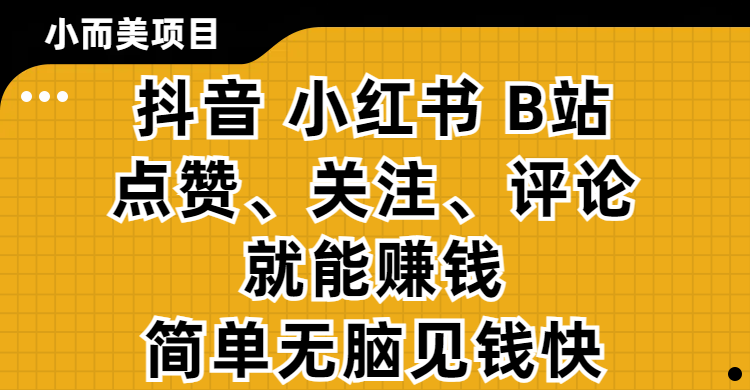 小而美的项目，抖音、小红书、B站视频点赞、关注、评论就能赚钱，简单无脑立见收益！妥妥的零撸项目-鸭行天下创业社