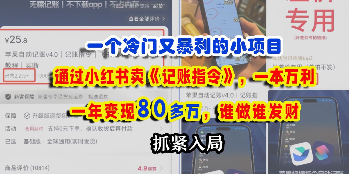 一个冷门又暴利的小项目，通过小红书卖《记账指令》，一本万利，一年变现80多万，谁做谁发财-鸭行天下创业社
