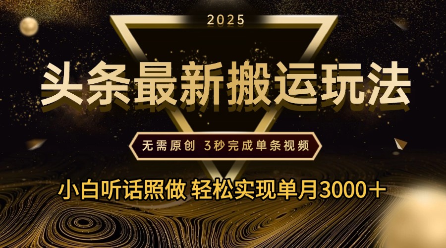 2025年今日头条最新搬运玩法，无需原创3秒完成视频轻松实现单月3000＋-鸭行天下创业社
